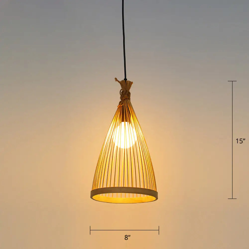 Minimalist Conical Bamboo Pendant Ceiling Light With Cage Design For Restaurants Wood / 8.5