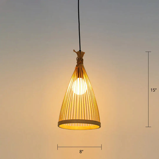 Minimalist Conical Bamboo Pendant Ceiling Light With Cage Design For Restaurants Wood / 8.5