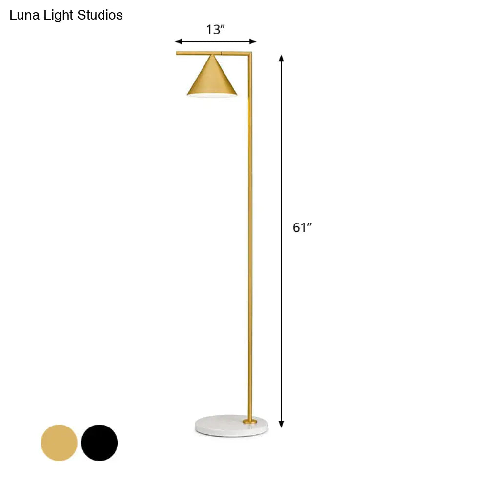 Minimalist Conical Shade Floor Light With Right Angle Arm - Black/Gold Finish Stand-Up Lamp