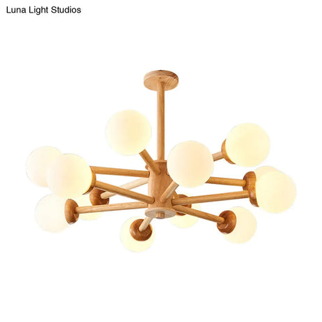 Sleek Minimalist Cream Glass Bedroom Chandelier Light With Wood-Embellished Modo Shaped