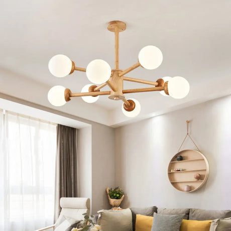 Sleek Minimalist Cream Glass Bedroom Chandelier Light With Wood-Embellished Modo Shaped
