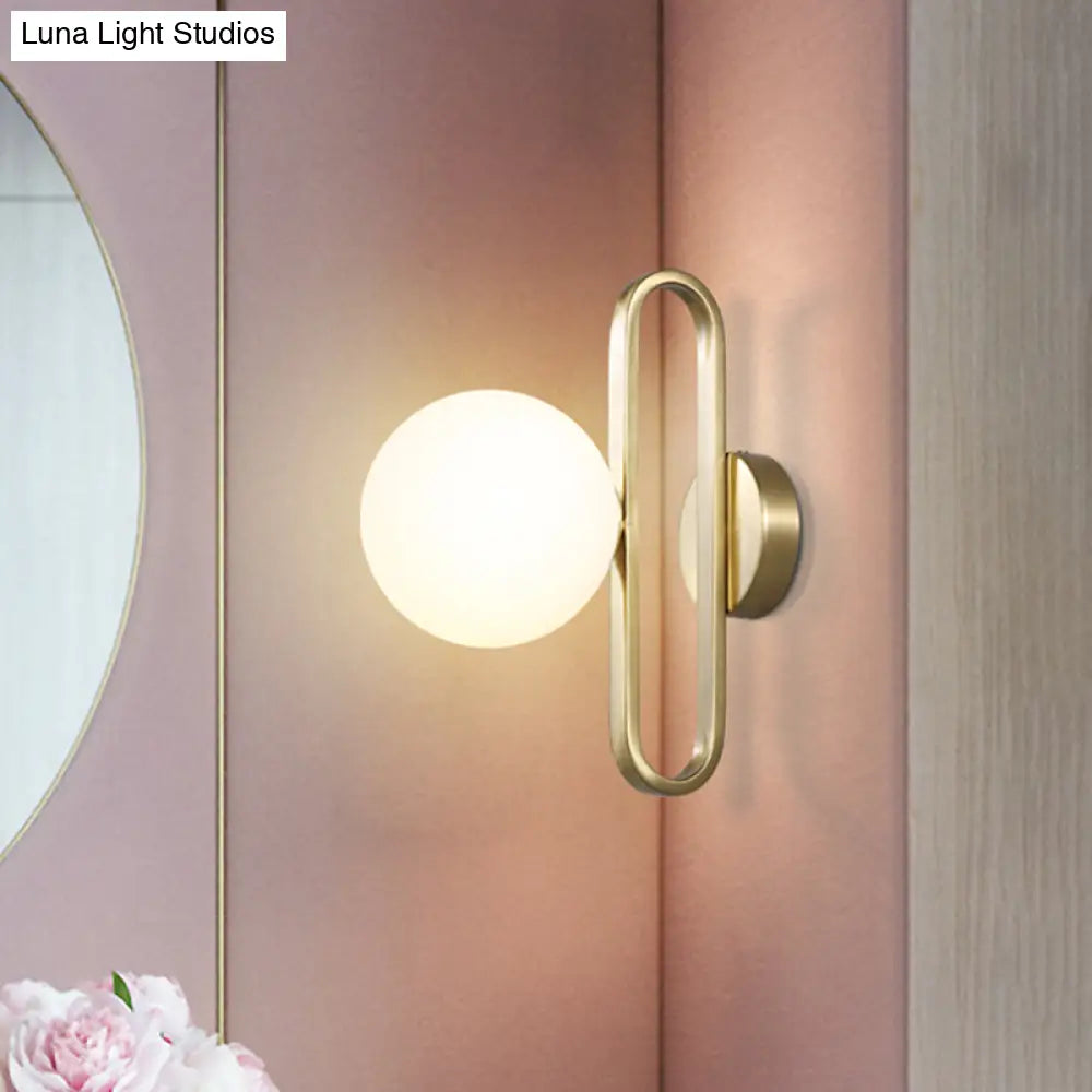 Minimalist Cream Matte Glass Wall Light With Gold Oval Arm And 1 Bulb Sconce