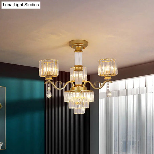 Minimalist Clear Crystal 3-Light Chandelier With Cylinder Shade For Restaurants - Black/Gold Gold