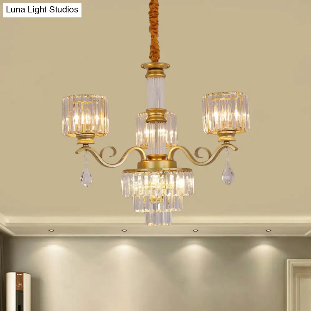 Minimalist Clear Crystal 3-Light Chandelier With Cylinder Shade For Restaurants - Black/Gold