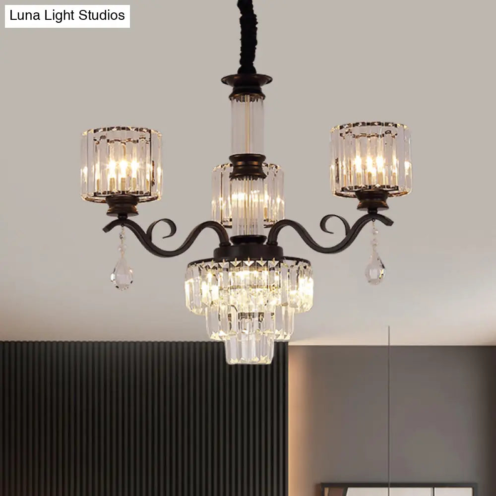 Minimalist Crystal 3-Head Chandelier Lamp In Black/Gold For Restaurants - Clear 3-Tier Design With