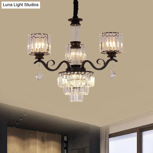 Minimalist Crystal 3-Head Chandelier Lamp In Black/Gold For Restaurants - Clear 3-Tier Design With