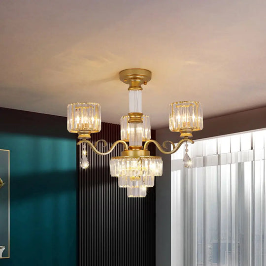 Minimalist Crystal 3-Head Chandelier Lamp In Black/Gold For Restaurants - Clear 3-Tier Design With