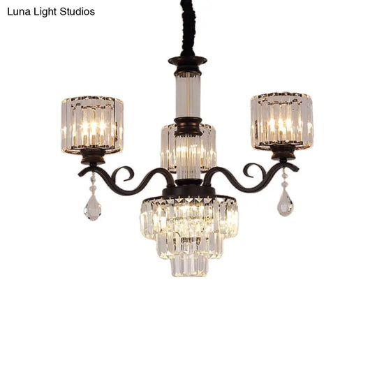 Minimalist Clear Crystal 3-Light Chandelier With Cylinder Shade For Restaurants - Black/Gold