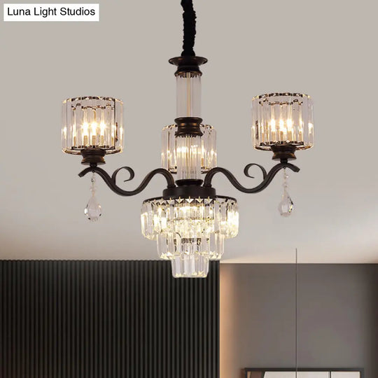 Minimalist Clear Crystal 3-Light Chandelier With Cylinder Shade For Restaurants - Black/Gold