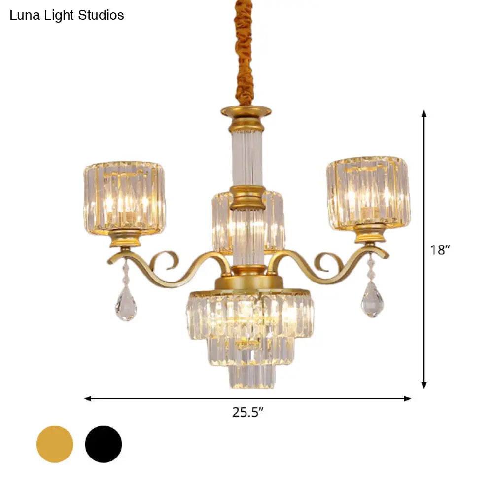 Minimalist Clear Crystal 3-Light Chandelier With Cylinder Shade For Restaurants - Black/Gold