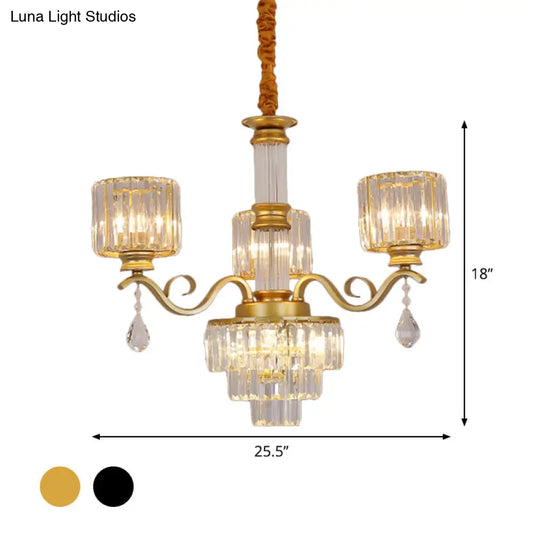 Minimalist Clear Crystal 3-Light Chandelier With Cylinder Shade For Restaurants - Black/Gold