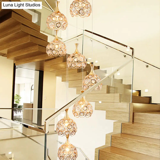 Minimalist Crystal Dome Stair Cluster Pendant Lamp - 8 Lights Gold Suspension Fixture