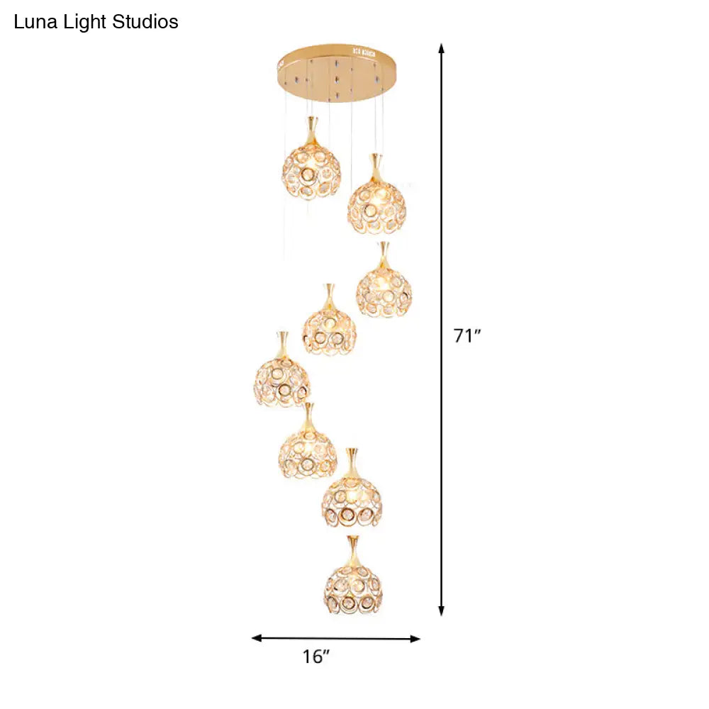 Minimalist Crystal 8-Light Dome Pendant Lamp In Gold Suspension Fixture