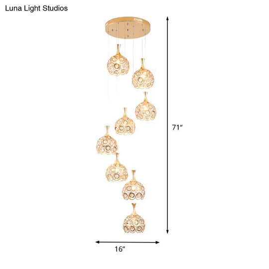 Minimalist Crystal Dome Stair Cluster Pendant Lamp - 8 Lights Gold Suspension Fixture