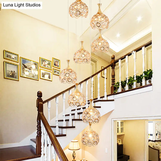 Minimalist Crystal Dome Stair Cluster Pendant Lamp - 8 Lights Gold Suspension Fixture