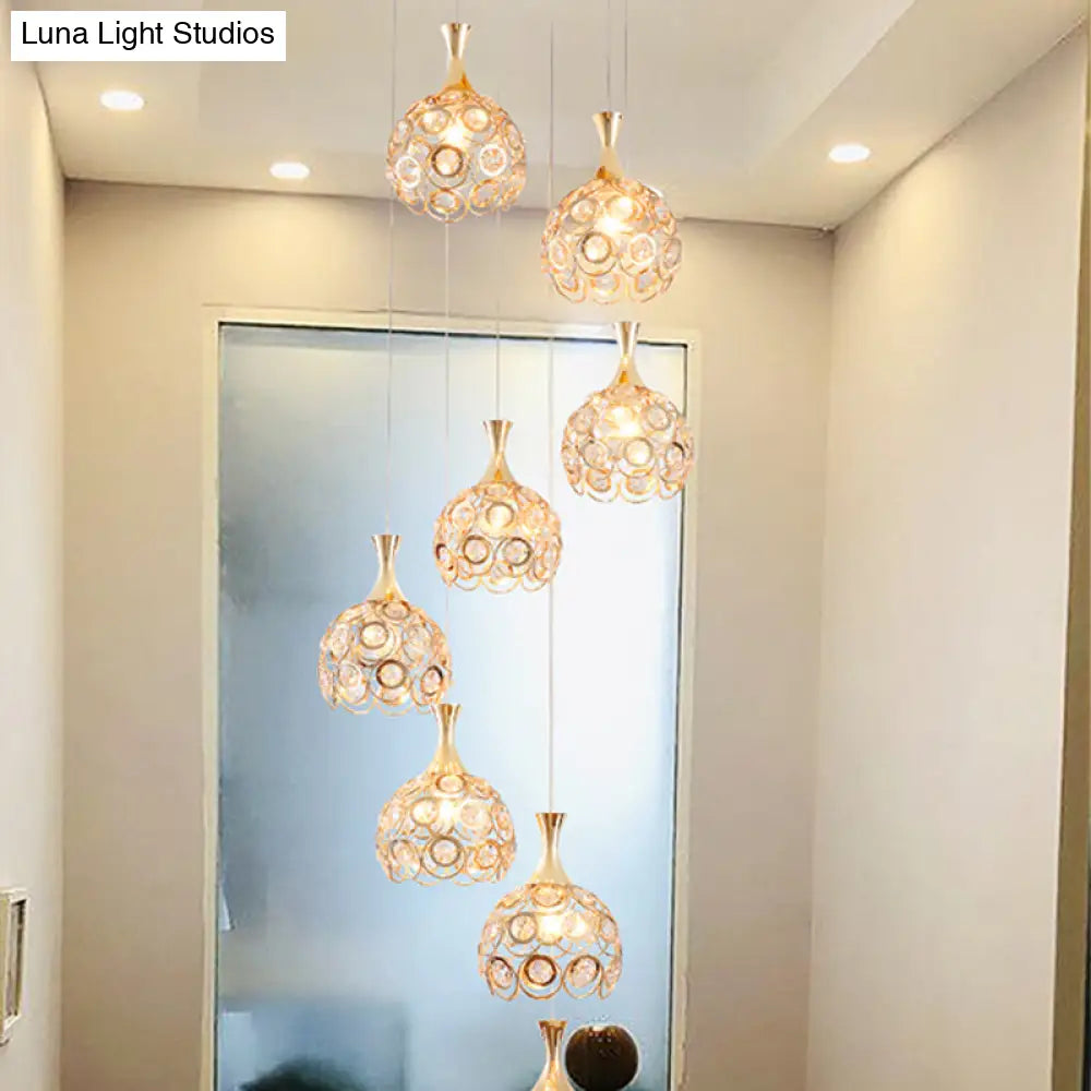 Minimalist Crystal Dome Stair Cluster Pendant Lamp - 8 Lights Gold Suspension Fixture