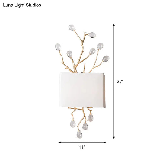 Minimalist Crystal Bead Wall Sconce With 2 Bulbs And Fabric Shade