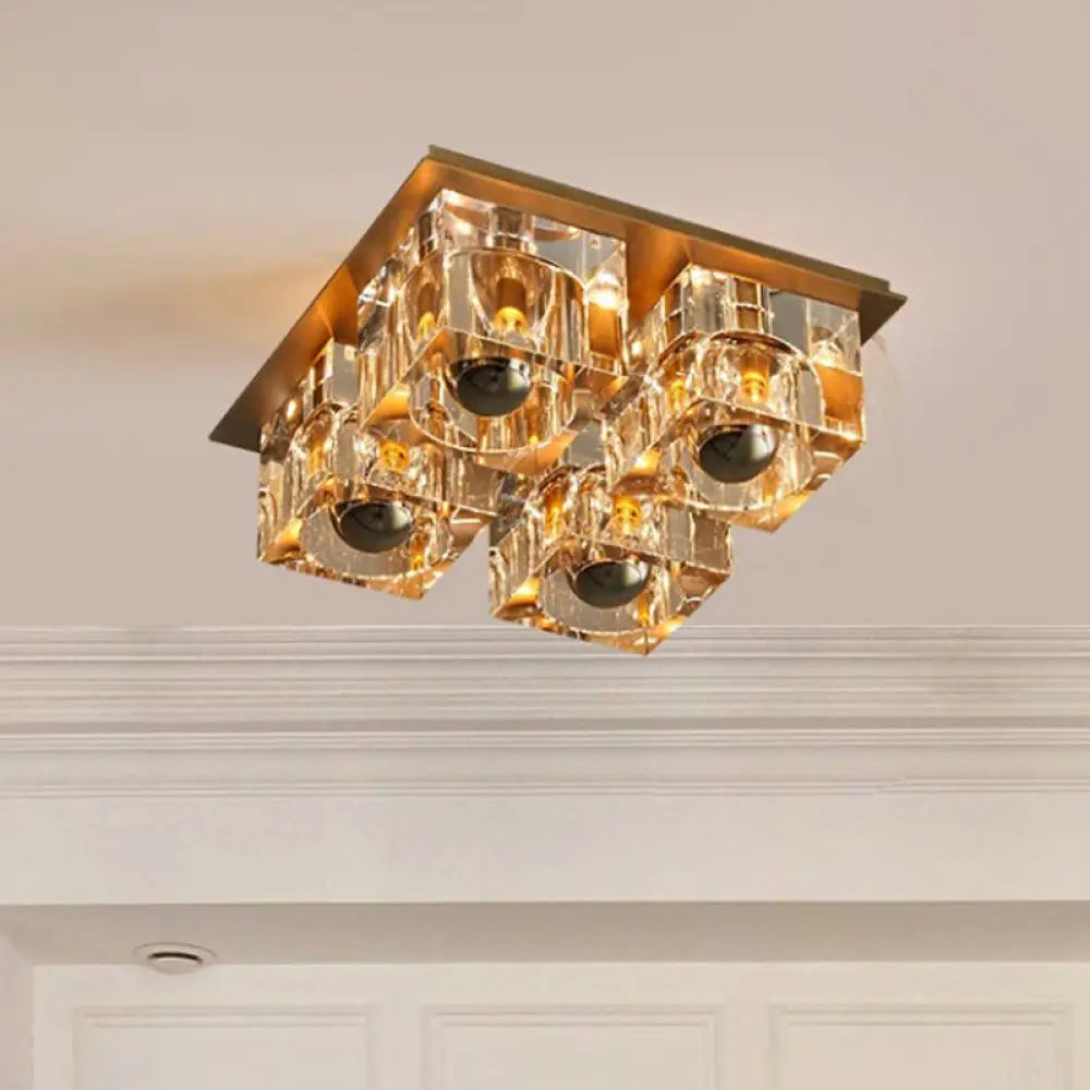 Minimalist Crystal Block 4 - Head Brass Ceiling Light For Bedroom Flushmount Lighting