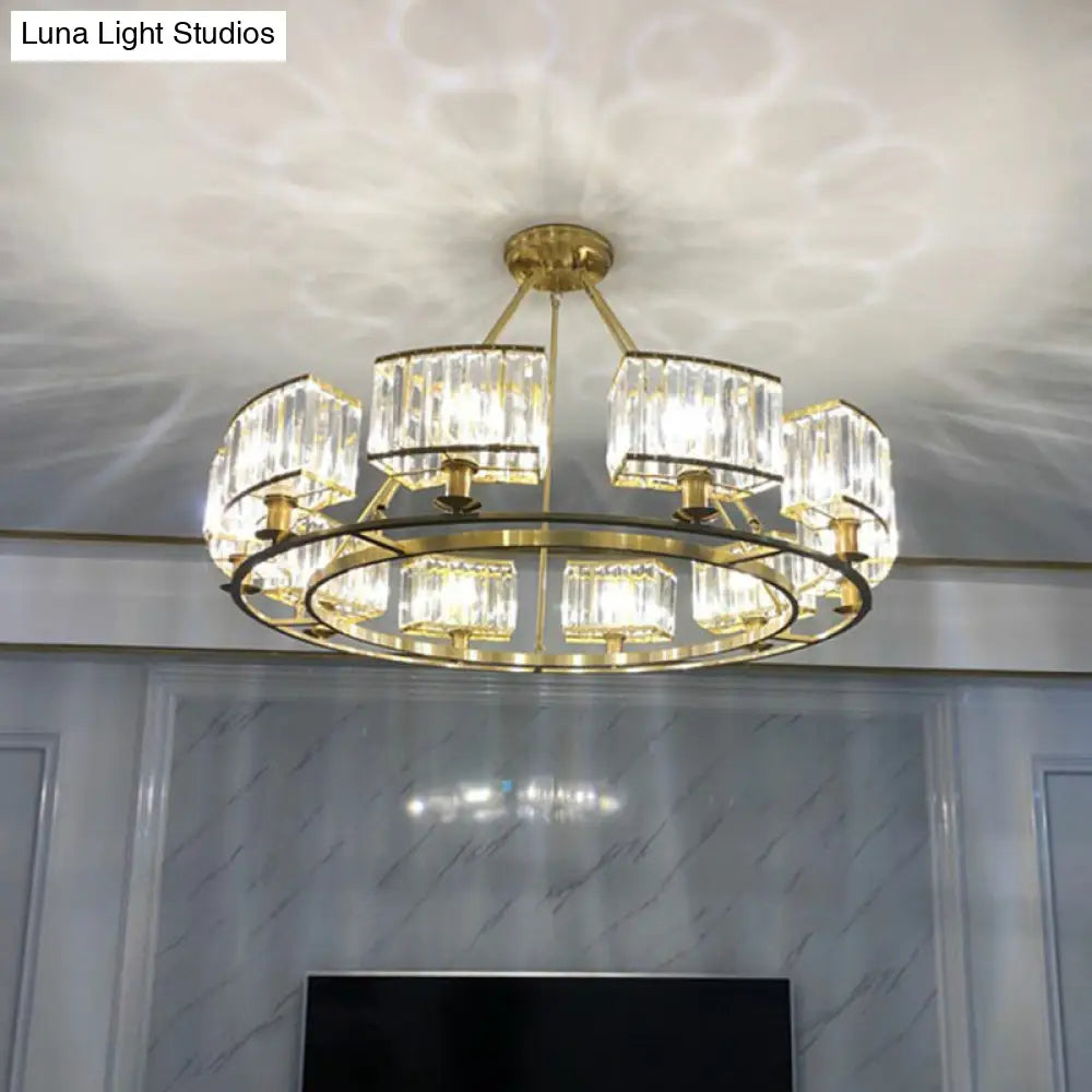 Minimalist Gold Circular Chandelier With Crystal Block Suspension - Ideal For Living Room