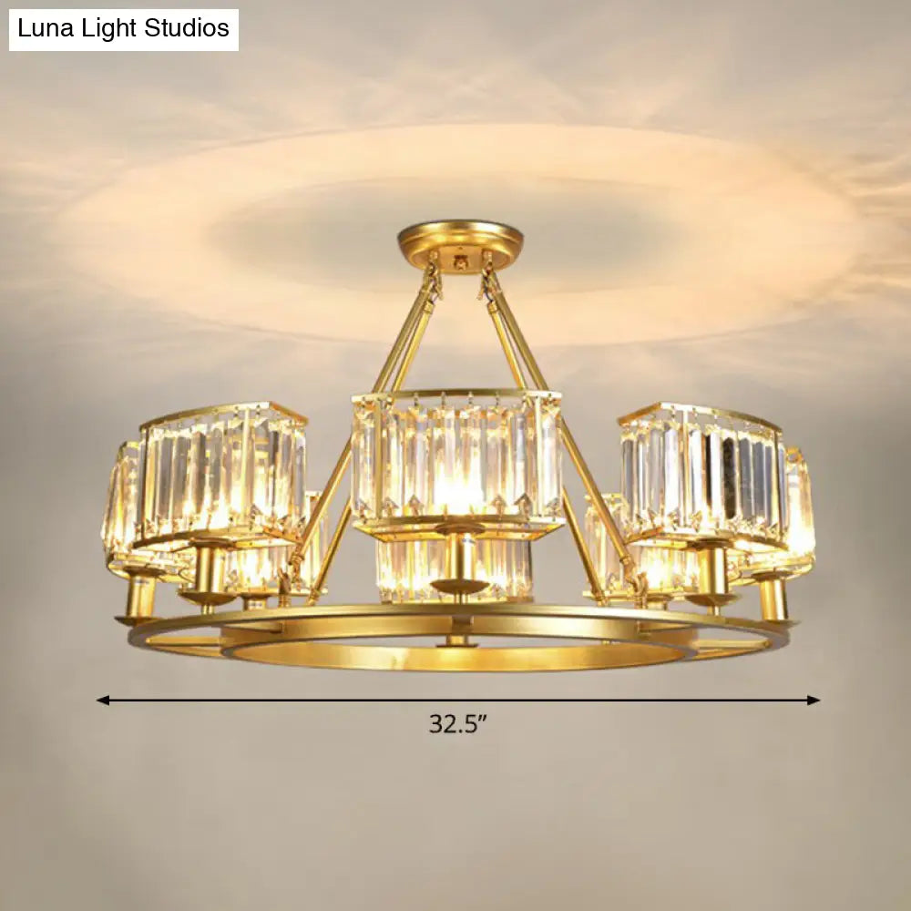 Minimalist Gold Circular Chandelier With Crystal Block Suspension - Ideal For Living Room 8 /