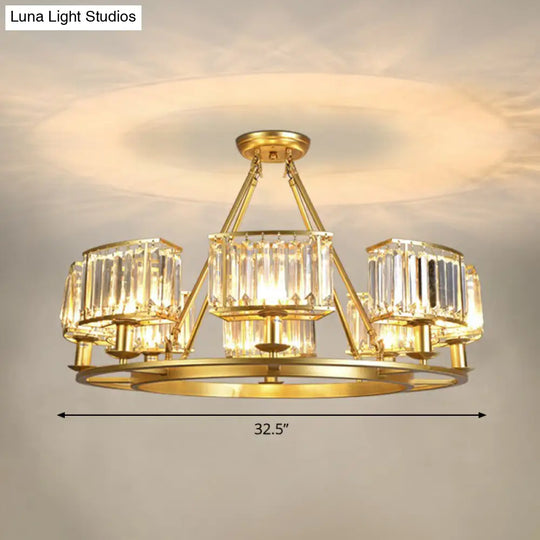 Minimalist Gold Circular Chandelier With Crystal Block Suspension - Ideal For Living Room 8 /