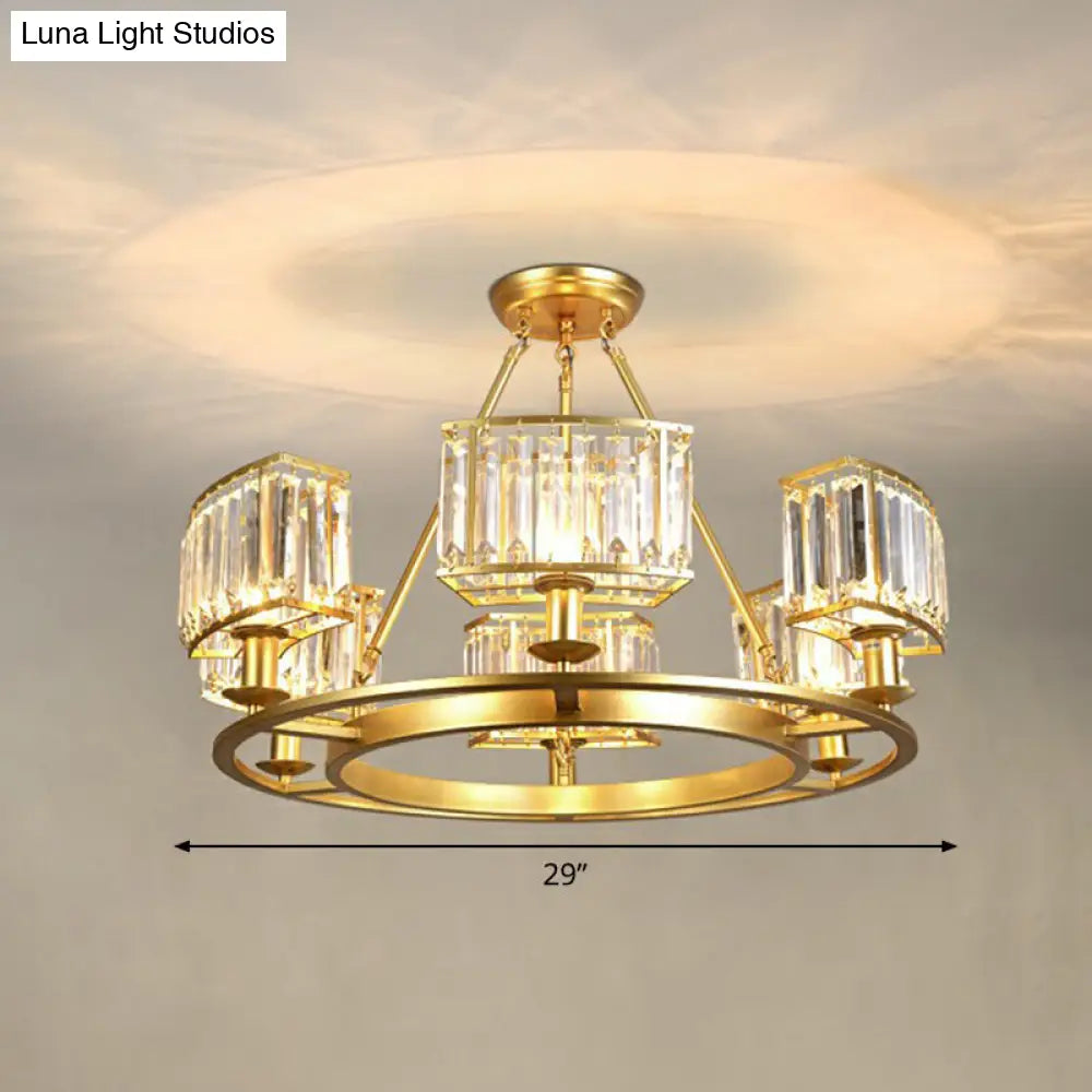 Minimalist Gold Circular Chandelier With Crystal Block Suspension - Ideal For Living Room 6 /