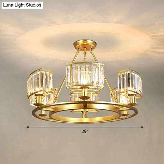 Minimalist Gold Circular Chandelier With Crystal Block Suspension - Ideal For Living Room 6 /
