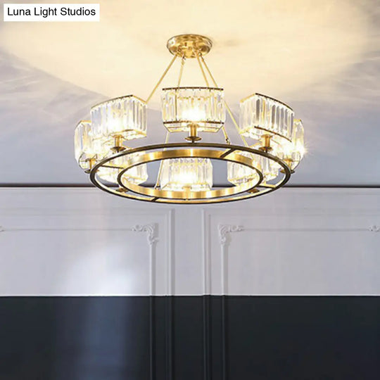 Minimalist Gold Circular Chandelier With Crystal Block Suspension - Ideal For Living Room