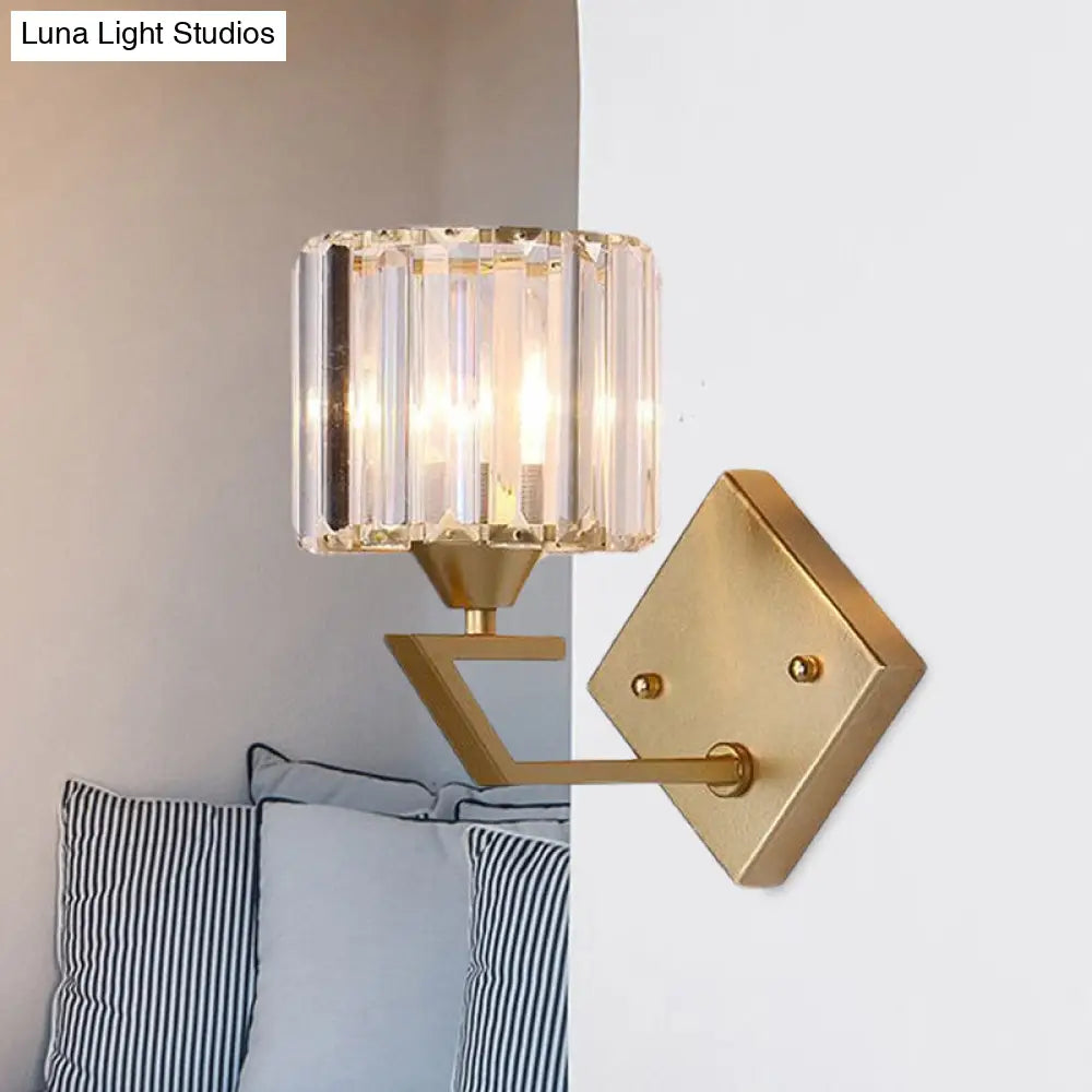 Minimalist Crystal Block Cylindrical Wall Sconce - Gold Finish