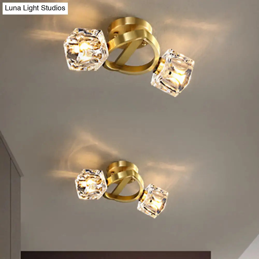 Minimalist Crystal Block Flush Ceiling Light In Brass - 2-Light Semi Mount Fixture
