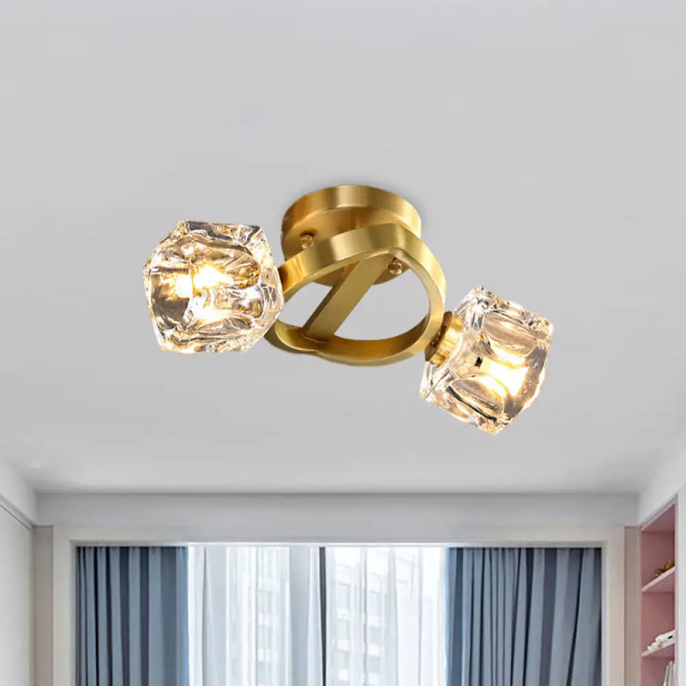 Minimalist Crystal Block Flush Ceiling Light In Brass - 2 - Light Semi Mount Fixture