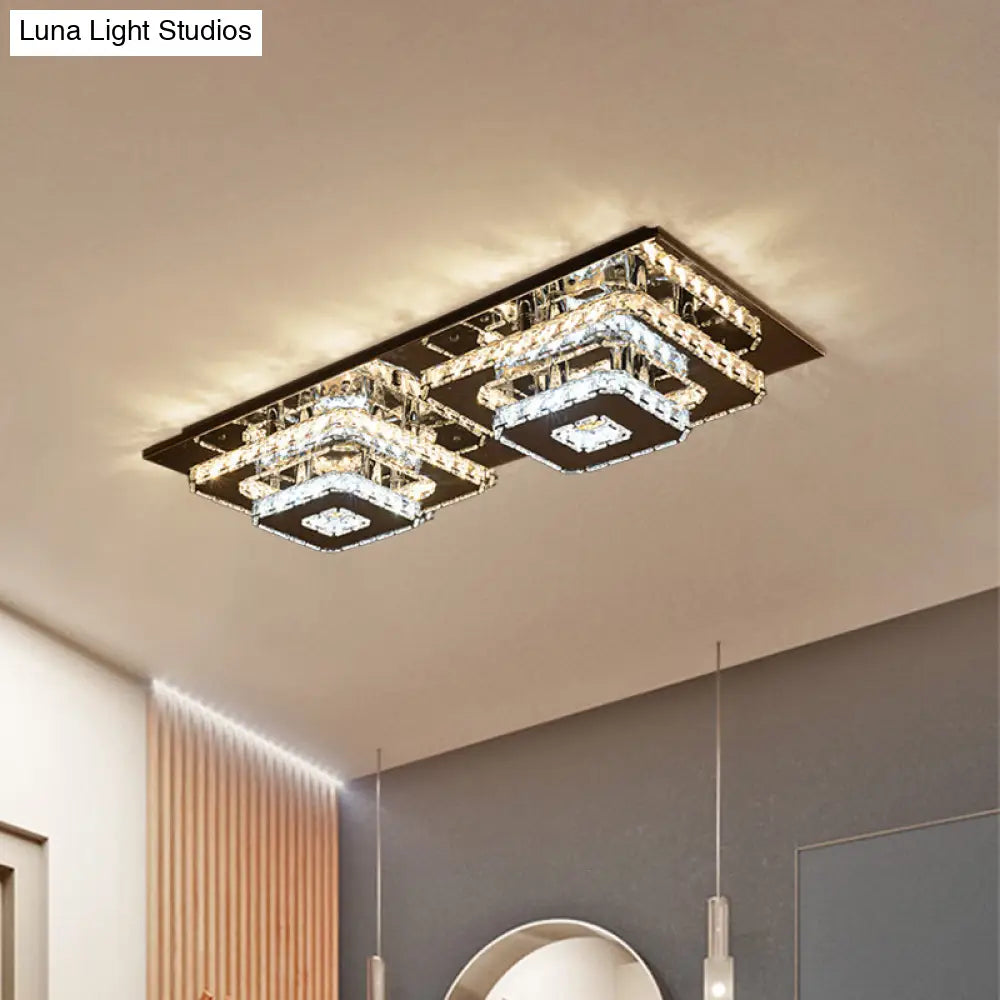 Minimalist Crystal Block Led Flush Mount Ceiling Light Chrome Square Tiered Fixture