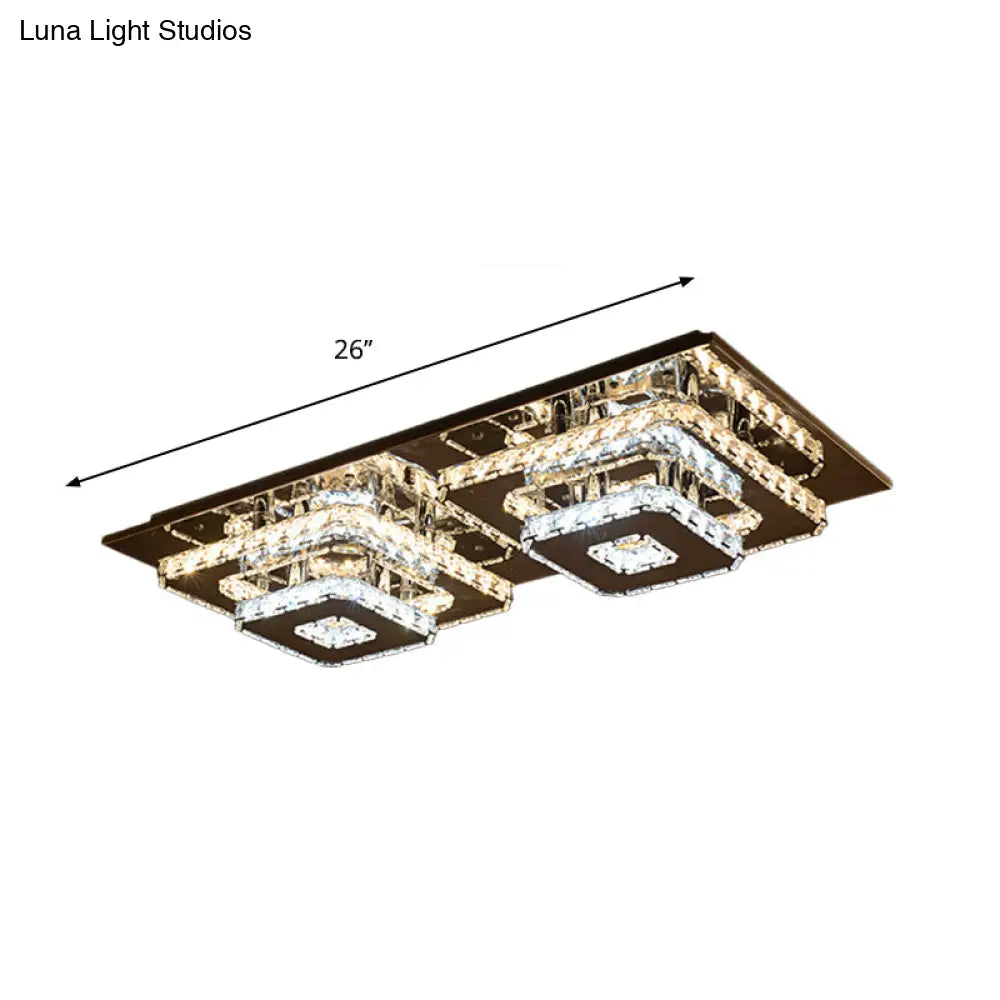 Minimalist Crystal Block Led Flush Mount Ceiling Light – Chrome Square Tiered Fixture