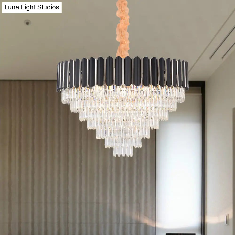 Minimalist Crystal Chandelier: Layered Hanging Pendant Light In Black - 16/22 Lights