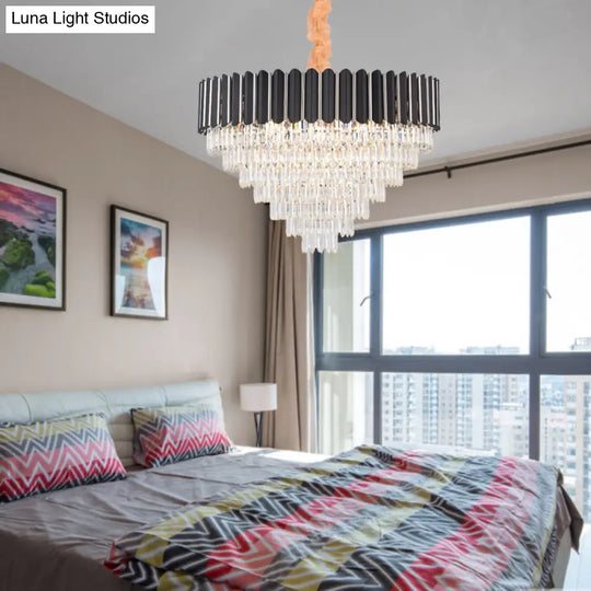 Minimalist Crystal Chandelier: Layered Hanging Pendant Light In Black - 16/22 Lights