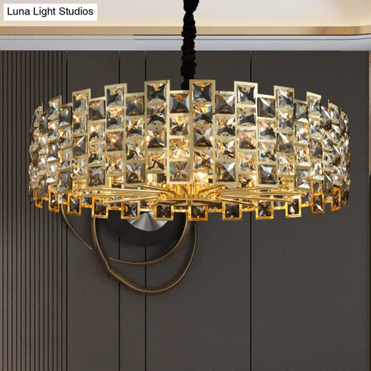 Minimalist Crystal Chandelier Pendant - Black Drum Shape With Rectangular Suspension Ideal For