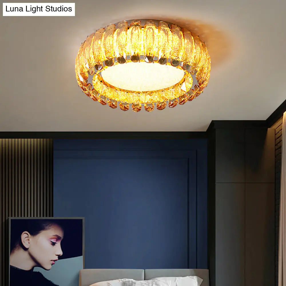 Minimalist Crystal Chrome Led Flush Ceiling Light: Donut Shaped For Bedroom