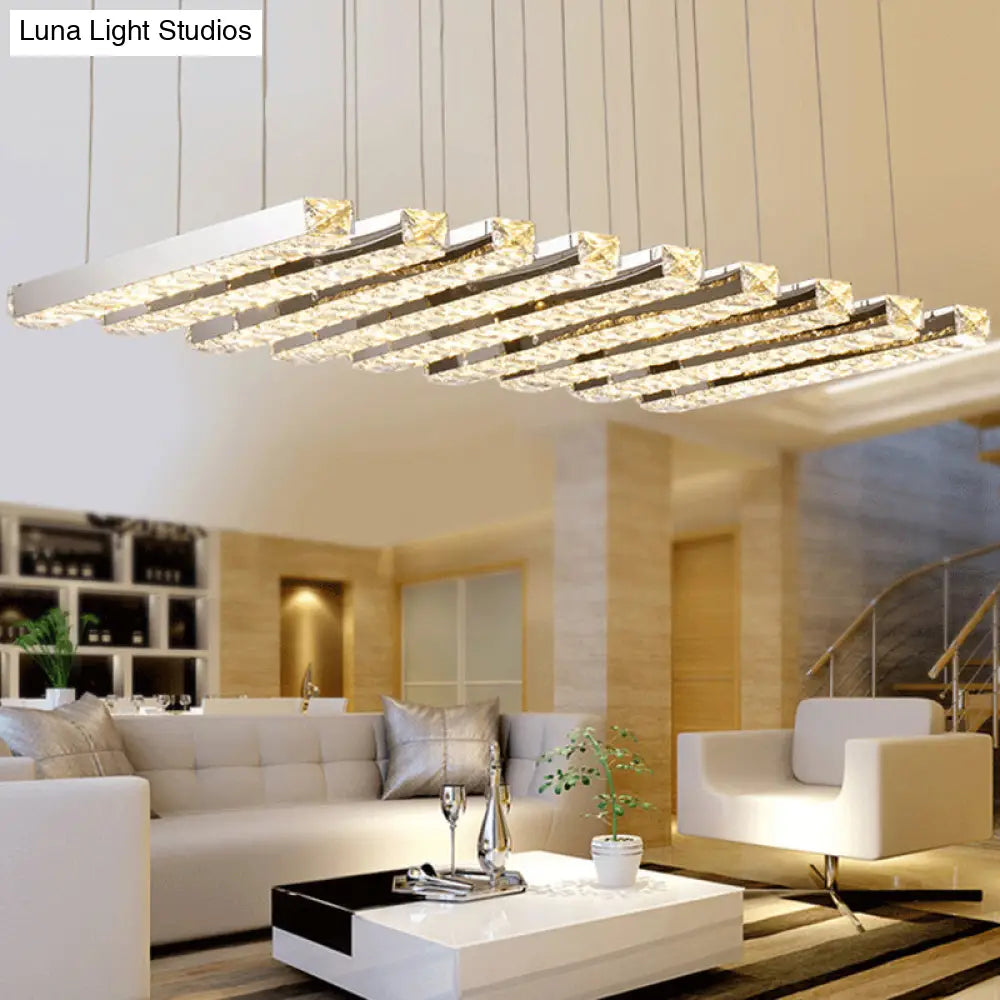 Minimalist Crystal Dining Room Led Pendant Light - Rectangular Chandelier In Stainless-Steel