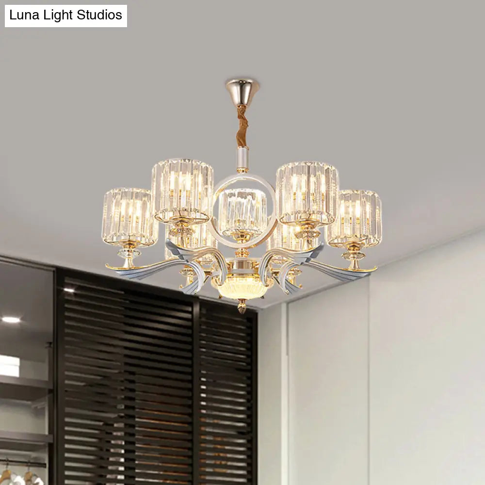 Minimalist Crystal Drum Pendant Chandelier – Gold Ceiling Light For Bedroom (6 Bulbs)