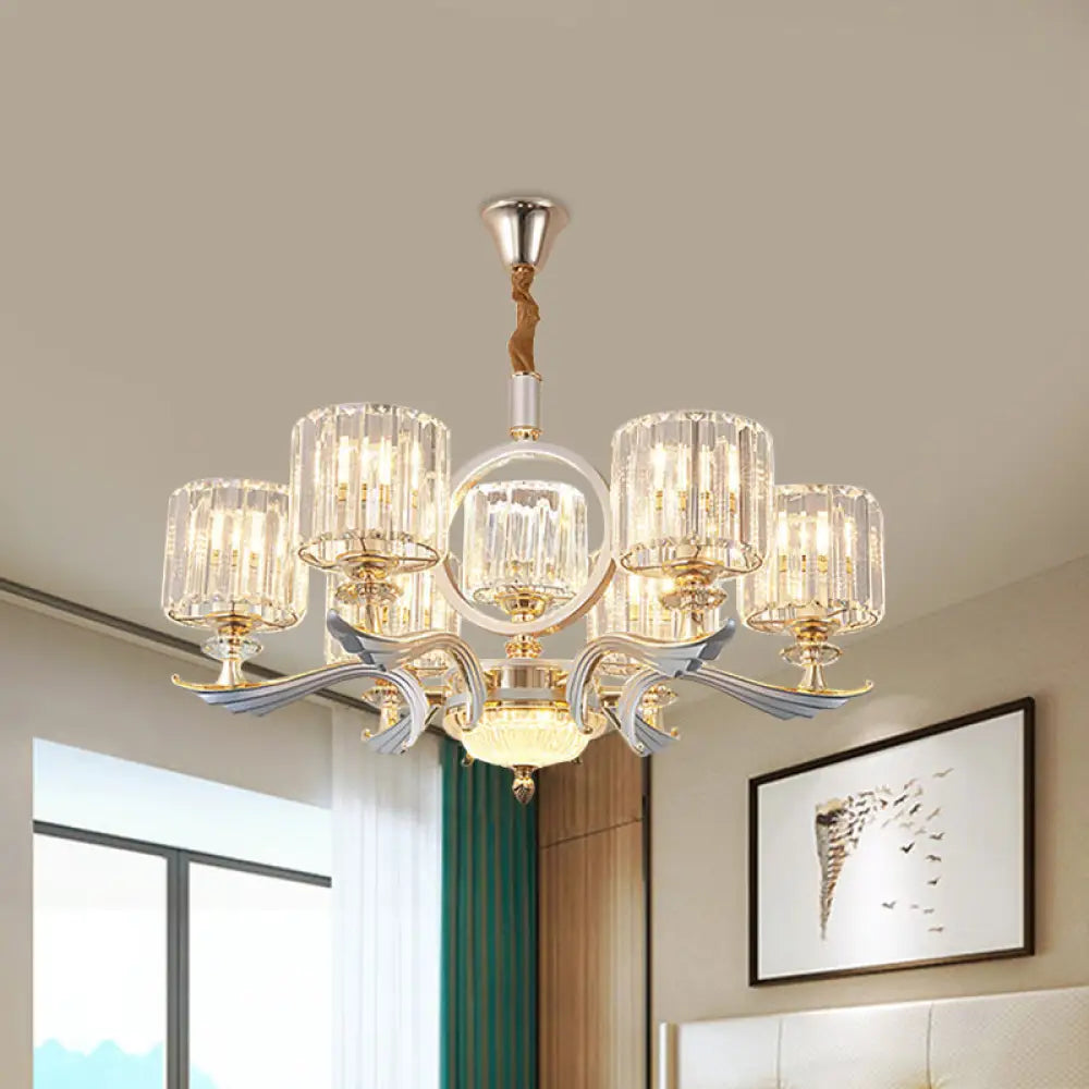 Minimalist Crystal Drum Pendant Chandelier – Gold Ceiling Light For Bedroom (6 Bulbs)