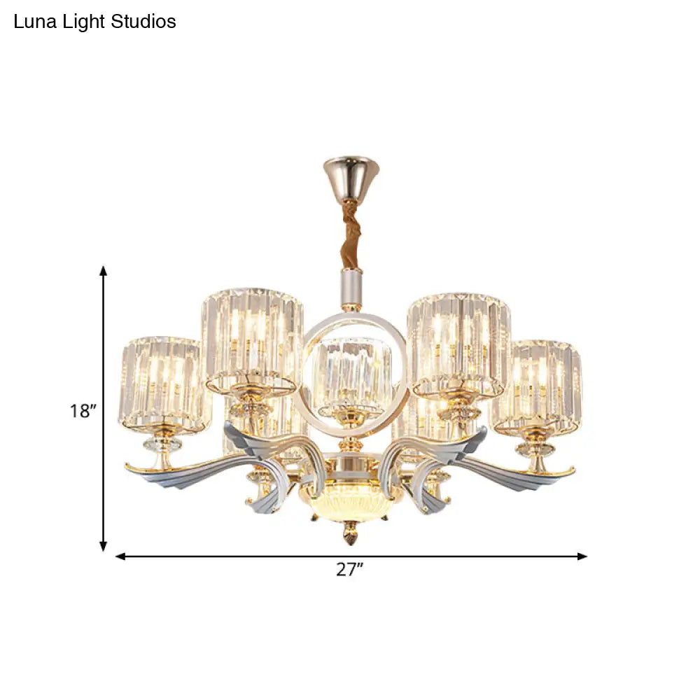 Minimalist Crystal Drum Pendant Chandelier – Gold Ceiling Light For Bedroom (6 Bulbs)