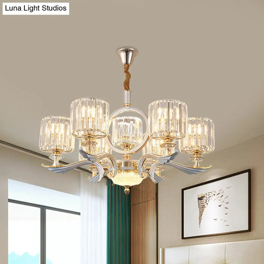 Minimalist Clear Crystal Drum Pendant Chandelier With 6 Gold Bulbs - Modern Hanging Ceiling Light