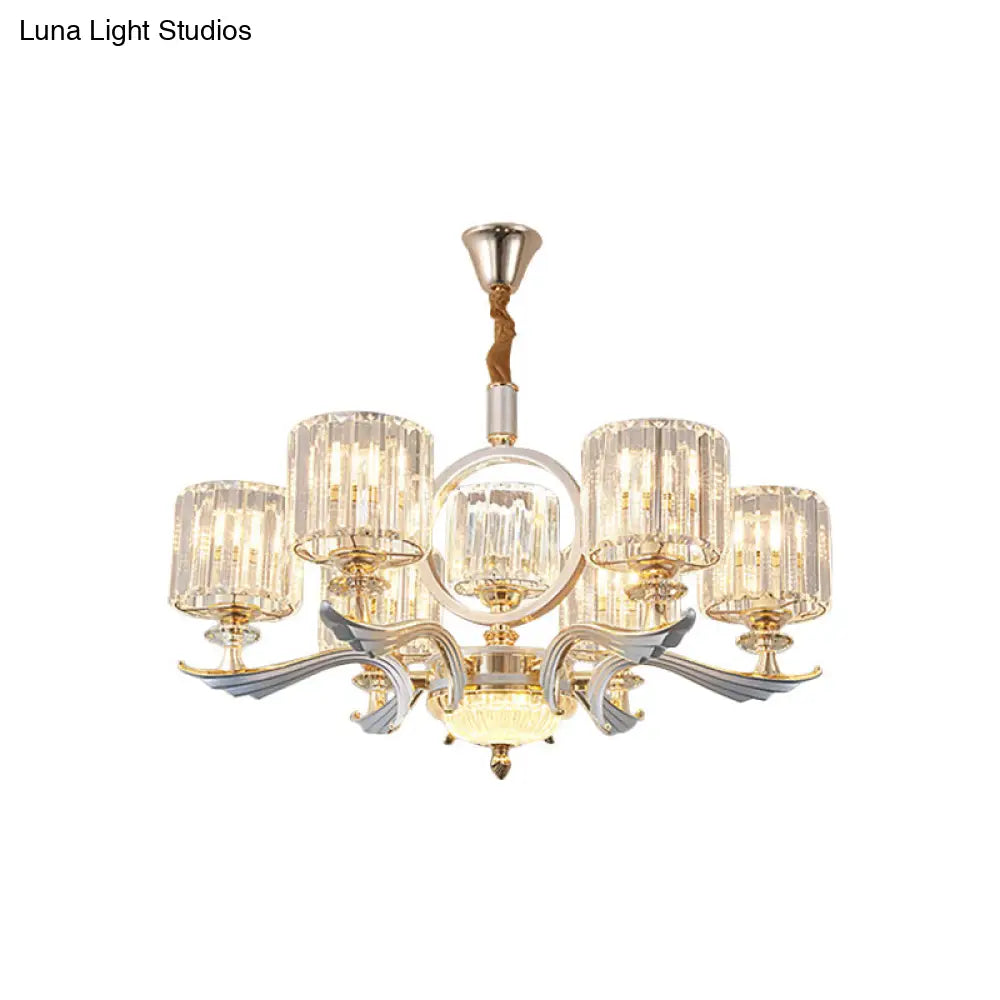 Minimalist Crystal Drum Pendant Chandelier – Gold Ceiling Light For Bedroom (6 Bulbs)