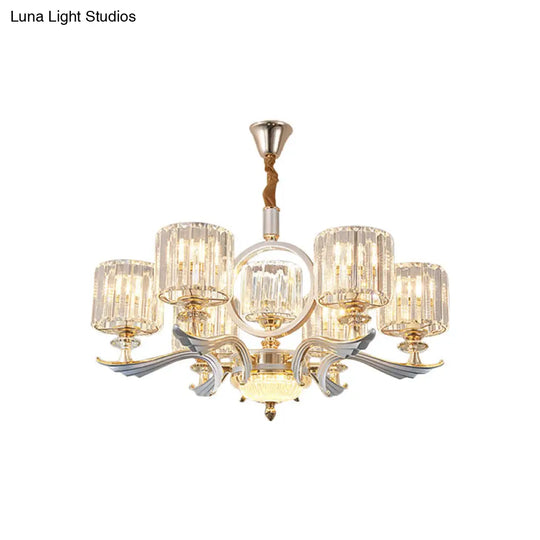 Minimalist Crystal Drum Pendant Chandelier – Gold Ceiling Light For Bedroom (6 Bulbs)