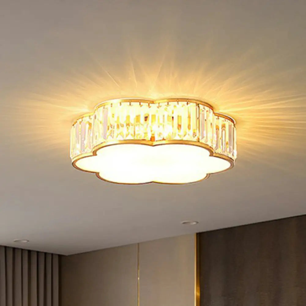 Minimalist Crystal Flower Ceiling Light In Brass - Tri - Sided Flush Mount 4 /