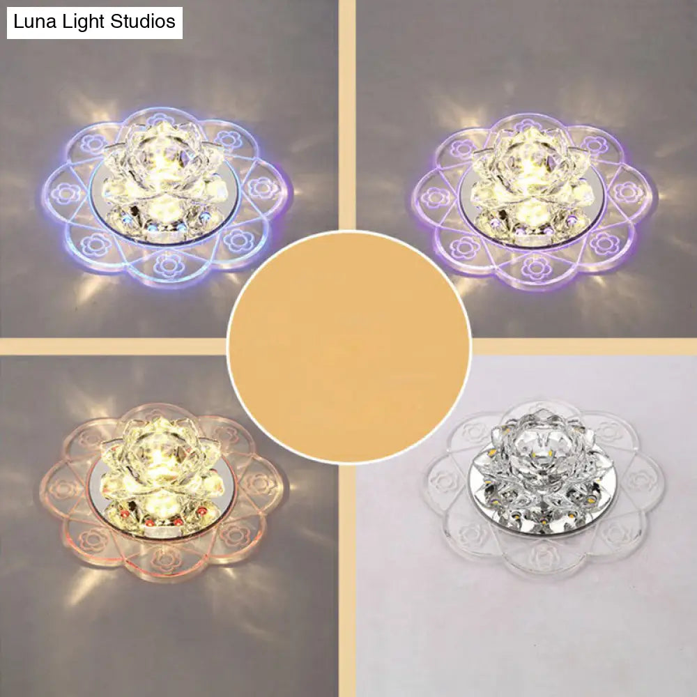 Minimalist Crystal Flush Mount Lighting: Floral Led Fixture For Hallways Clear / 3W Fourth Gear