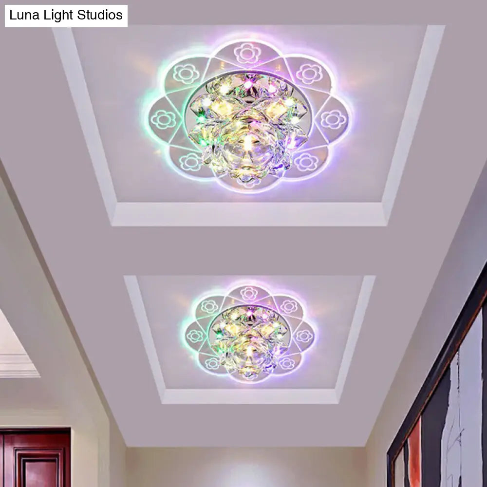 Minimalist Crystal Flush Mount Lighting: Floral Led Fixture For Hallways Clear / 3W Multi Color