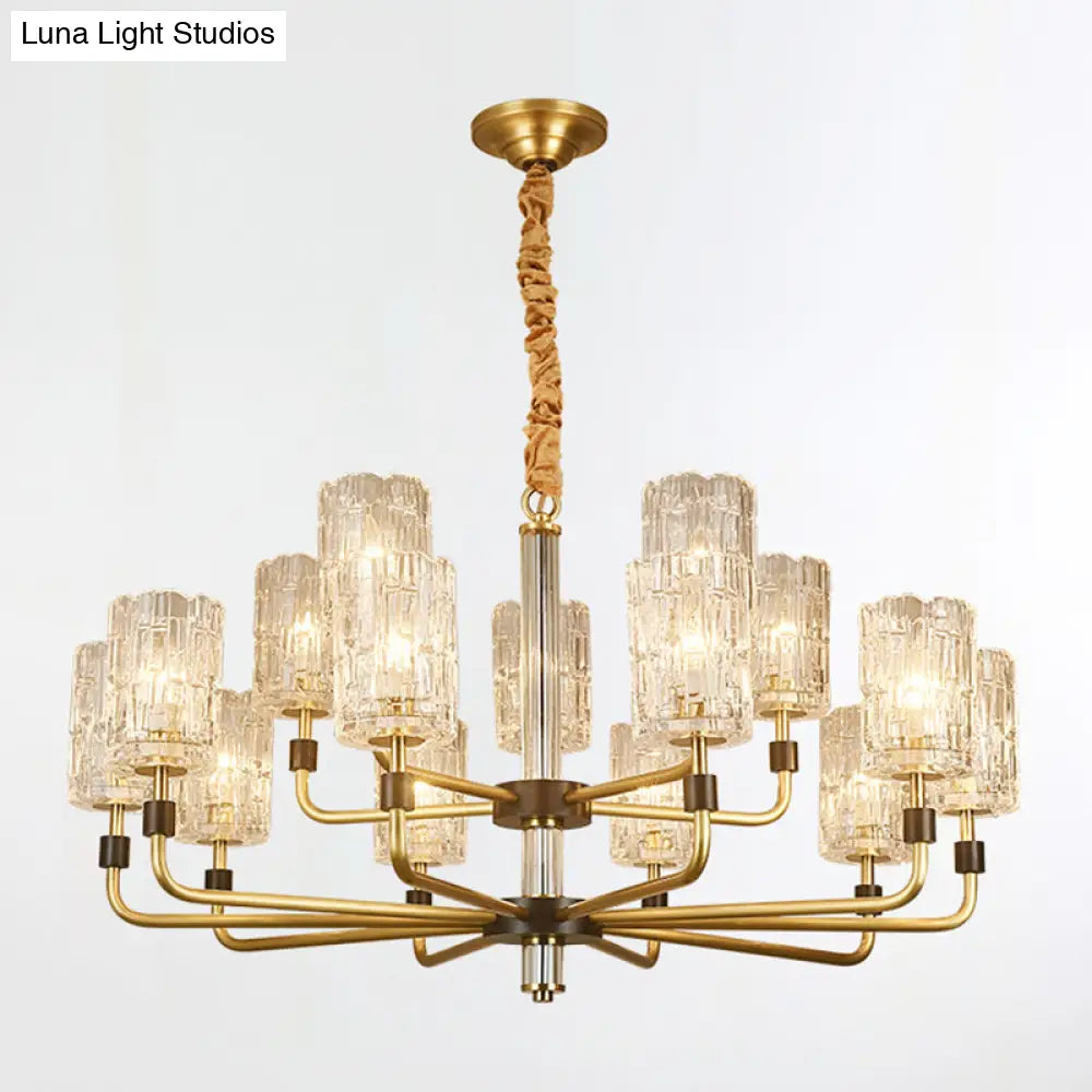 Minimalist Crystal Gold Pendant Light With Cylinder Shade - Prismatic Chandelier Lighting