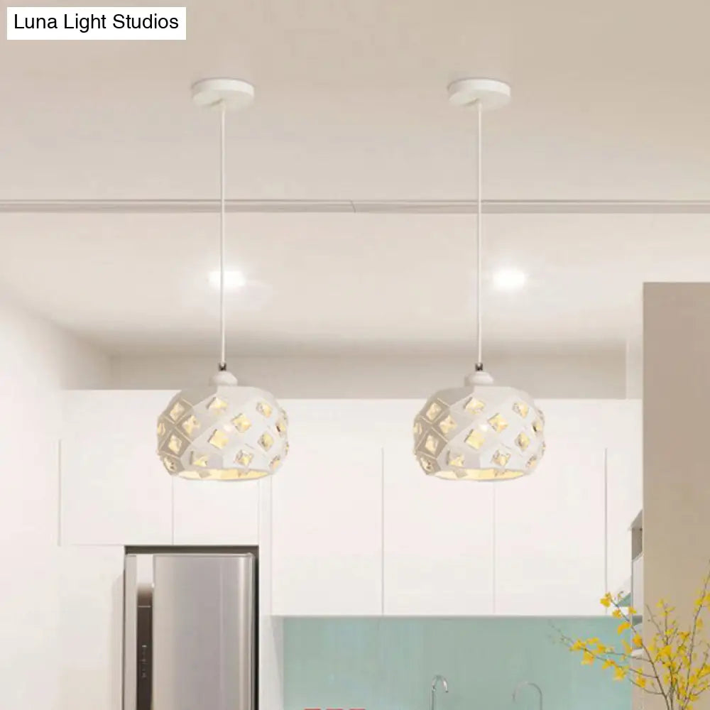 Minimal White Crystal Pendulum Hanging Lamp: Single Dining Room Light With Drum Iron Shade