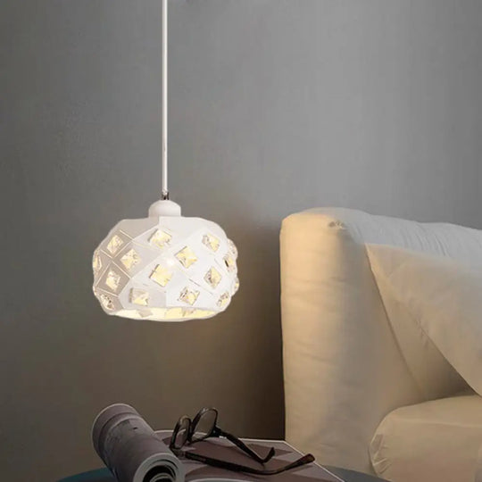 Minimalist Crystal Hanging Lamp - Single Pendulum Light With White Finish & Drum Iron Shade